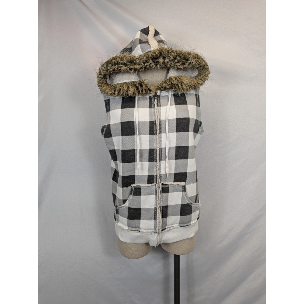 Self Esteem Vest‎ Womens Large Black White Plaid Buffalo Check Sherpa Faux Fur